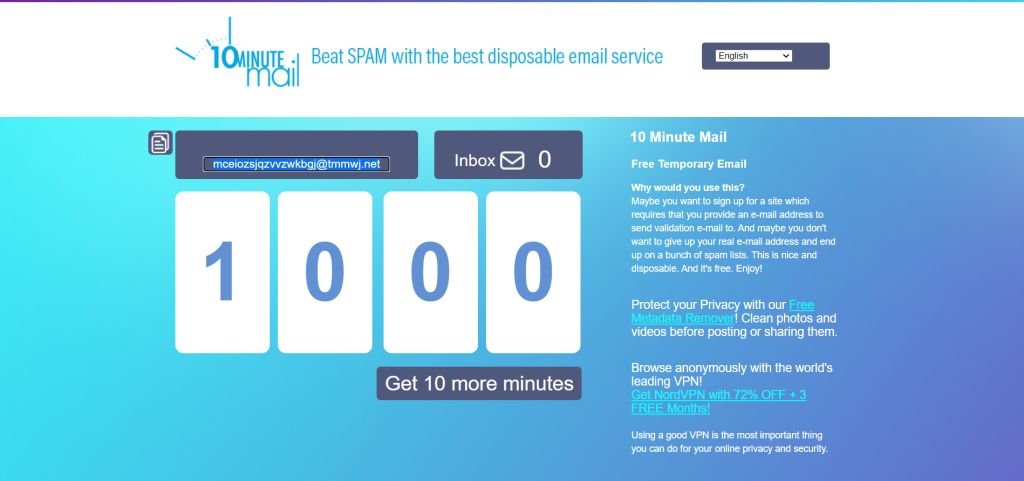 10minutemail- best fake email generators