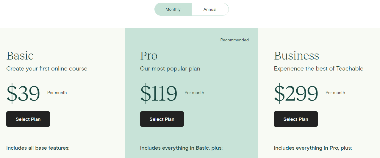 Teachable-Monthly Pricing