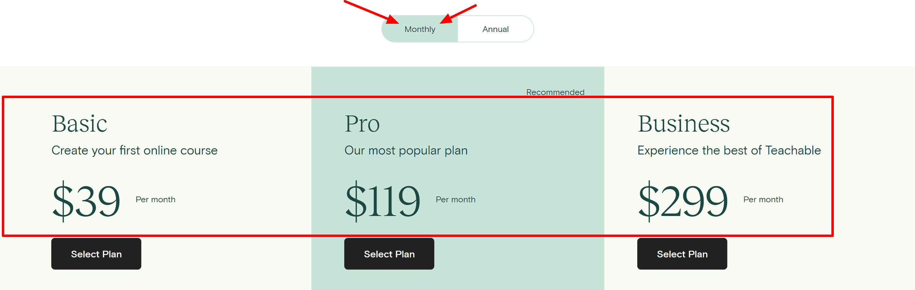 Teachable monthly plans- teachable pricing
