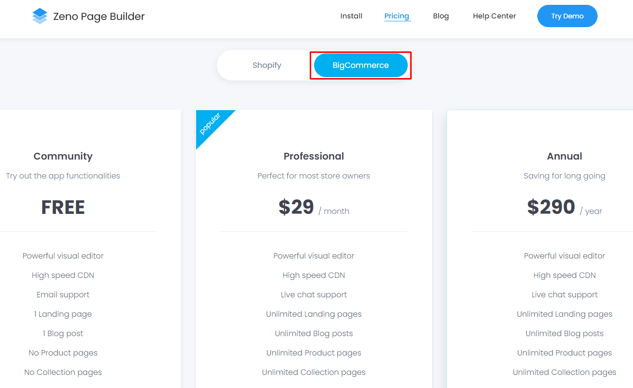 Zeno Page Builder BigCommerce Pricing