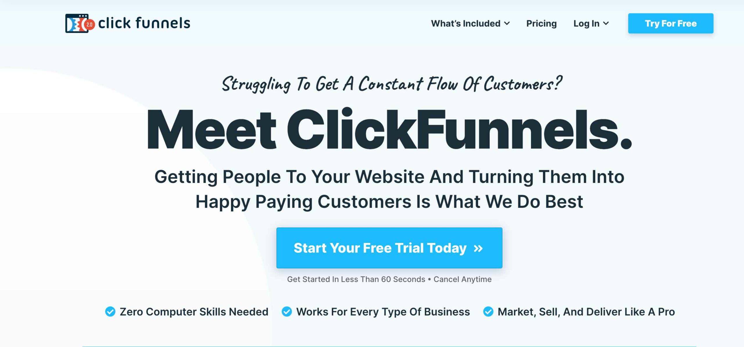 Page d'accueil de Clickfunnels