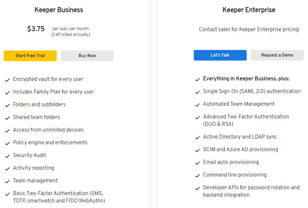 Keeper Security Business Plans Pricing