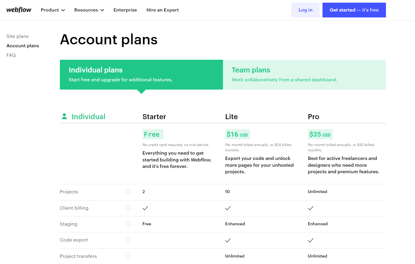 Webflow Accounts Plans