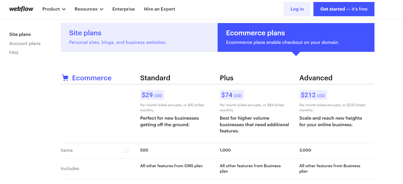 Webflow Ecommerce Plans - Webflow Pricing